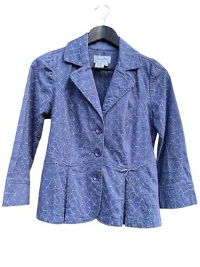 Live A Little Embroidered Blazer Jacket Purple Floral Lightweight Cotton Stretch